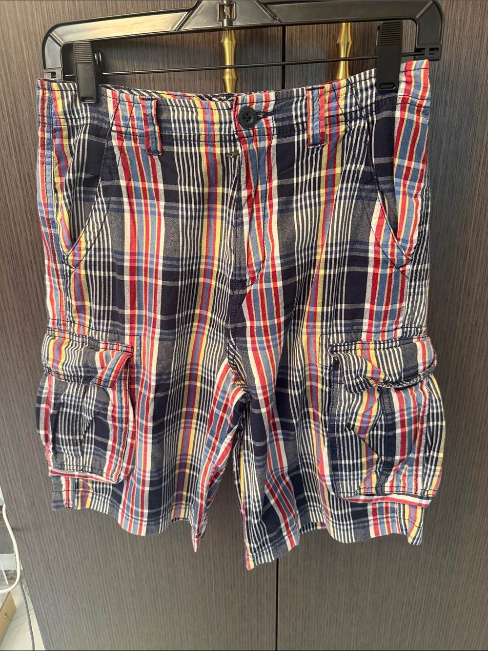 Tommy Hilfiger Navy Plaid Cargo Shorts with Red & Yellow Stripes